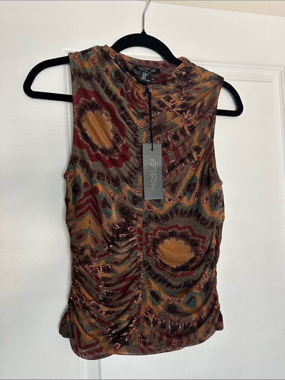 Rachel Zoe Ruched Sleeveless Multicolor Print Tank - Mustard, Burgundy & Teal